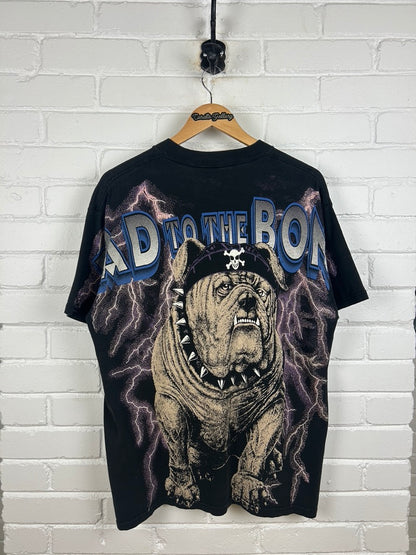 Vintage 90s Bad To The Bone bulldog Lighting All Over Print AOP T Shirt Size L