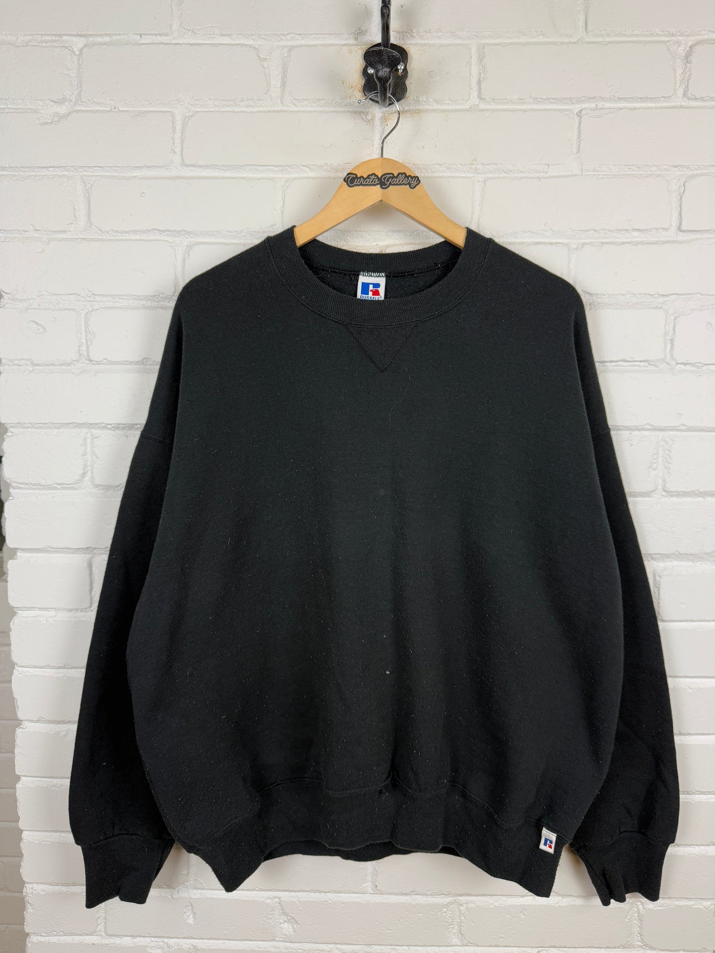Vintage 90s Russell Athletic Cropped Boxy Fit Blank Crewneck Sweatshirt Size XXL Black