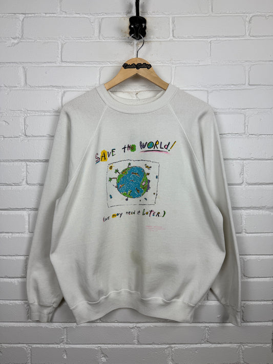 Vintage 80s Save The World We May Need It Later Environmental Earth Crewneck Sweatshirt Size XL