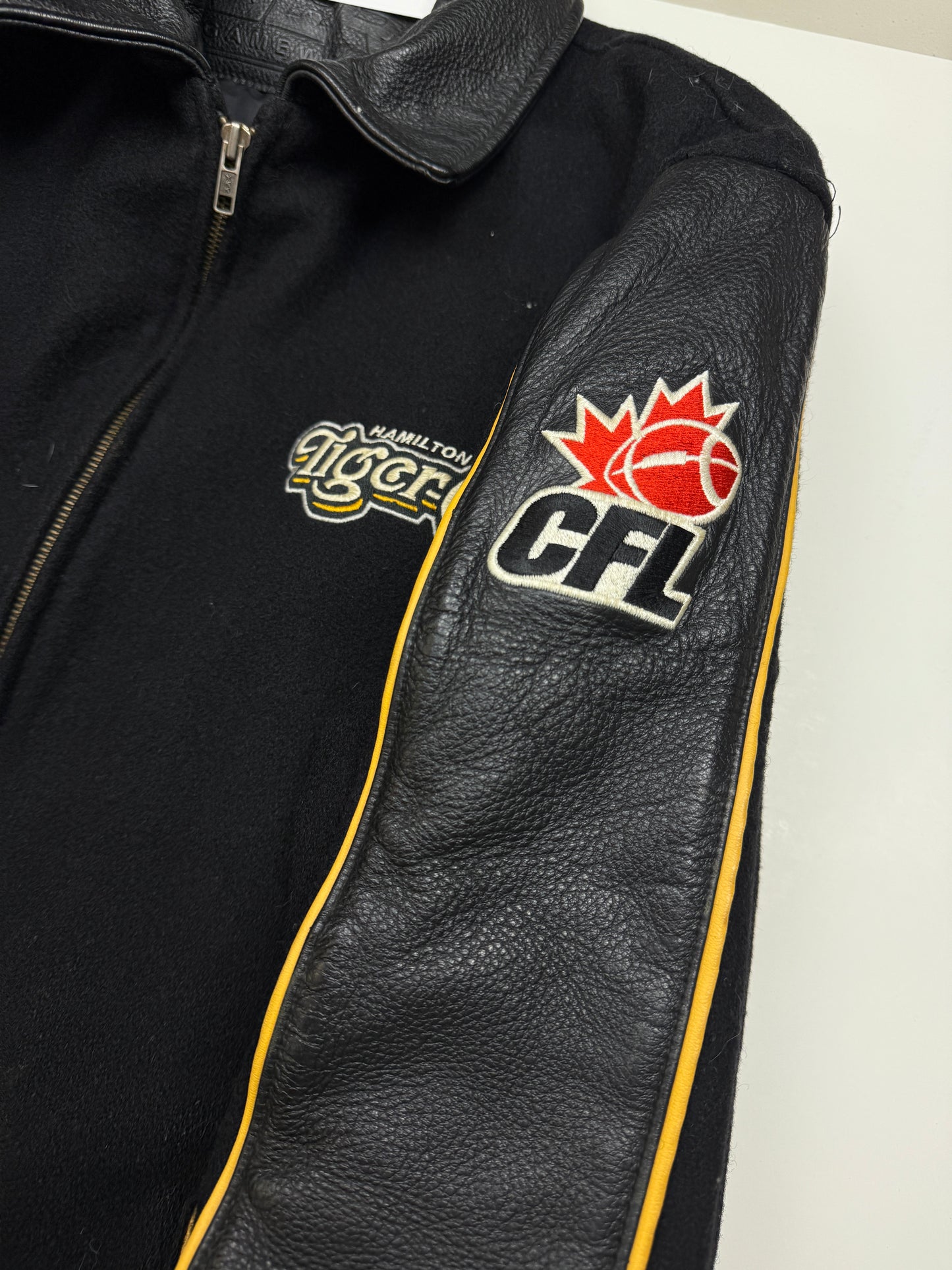 Vintage 90s Hamilton Tiger Cats Embroidered Wool Varsity Bomber Jacket Size XL