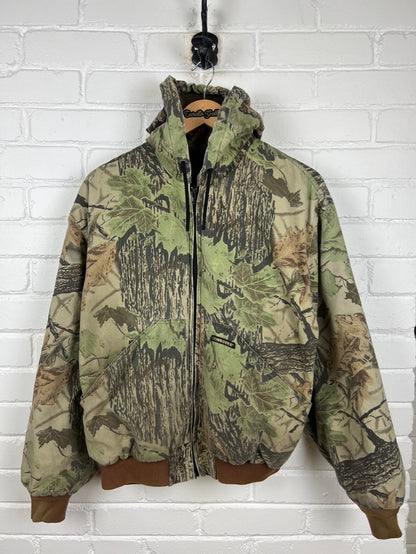 Vintage 90s Commander Real Tree Camo Insulated Hooded Cropped Bomber Jacket Size M