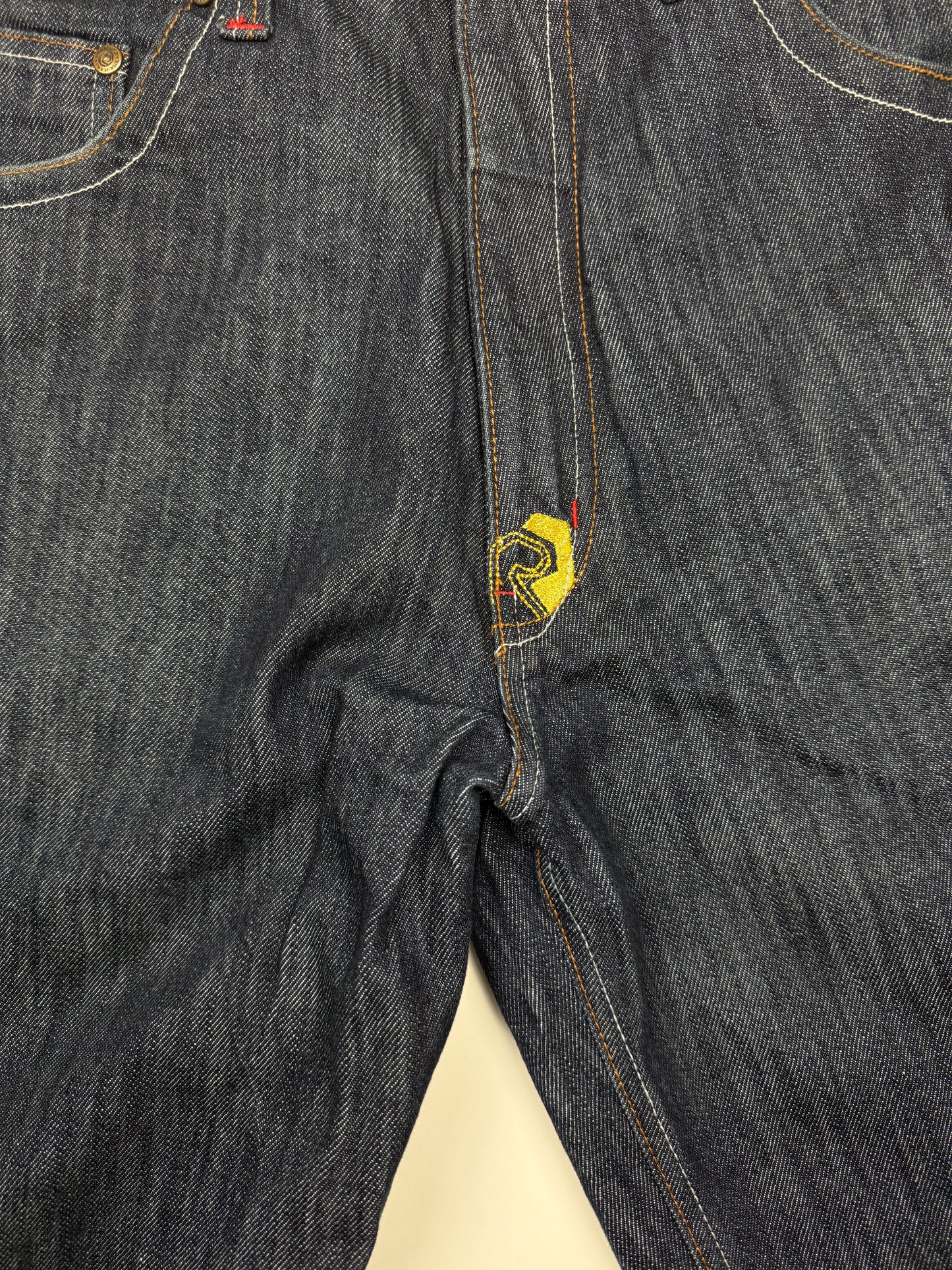 Vintage Y2K Risk Jeans Embroidered Back Pockets Regular Fit Dark Blue Denim Size 37W