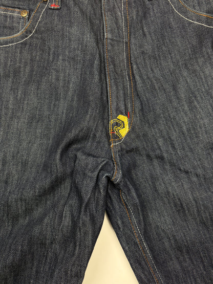 Vintage Y2K Risk Jeans Embroidered Back Pockets Regular Fit Dark Blue Denim Size 37W