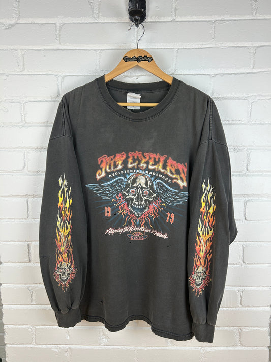 Vintage J & P Cycle's Keeping World On 2 Wheels Flaming Skulls Long Sleeve Motorcycle T Shirt Size XXL