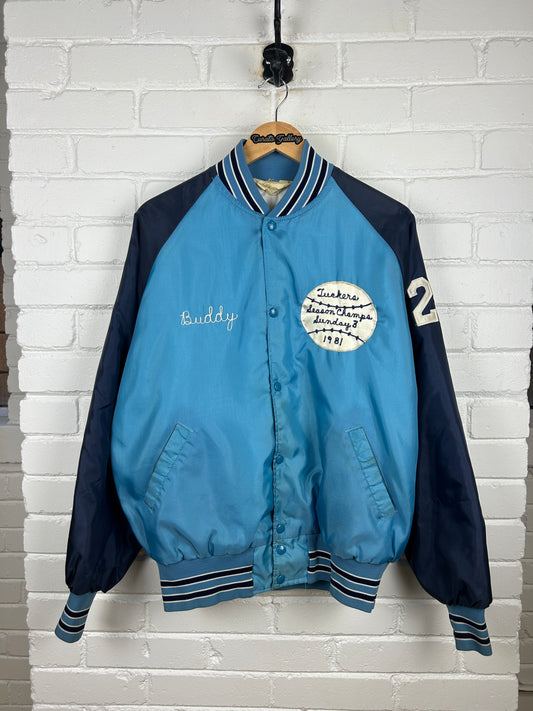 Vintage 1981 Luckers Chain Stitched Two Tone Satin bomber Jacket Size L 80s