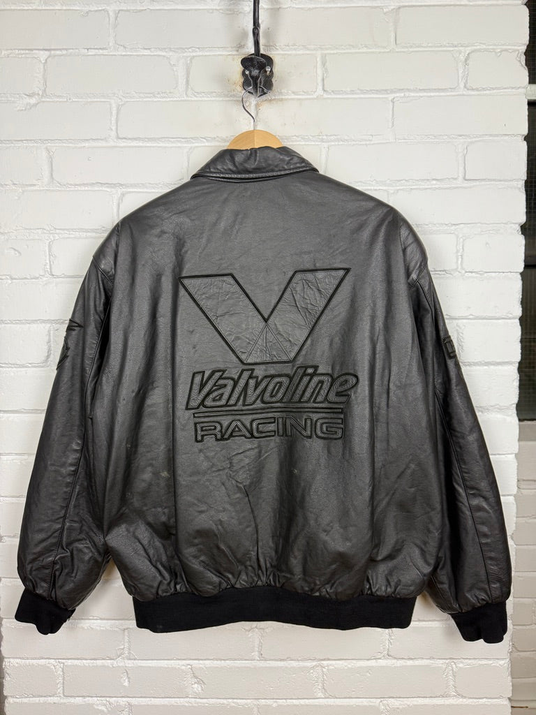 Vintage 90s Mark Martin Valvoline Racing Jeff Hamilton Leather Bomber Jacket Size L Black