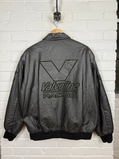Vintage 90s Mark Martin Valvoline Racing Jeff Hamilton Leather Bomber Jacket Size L Black