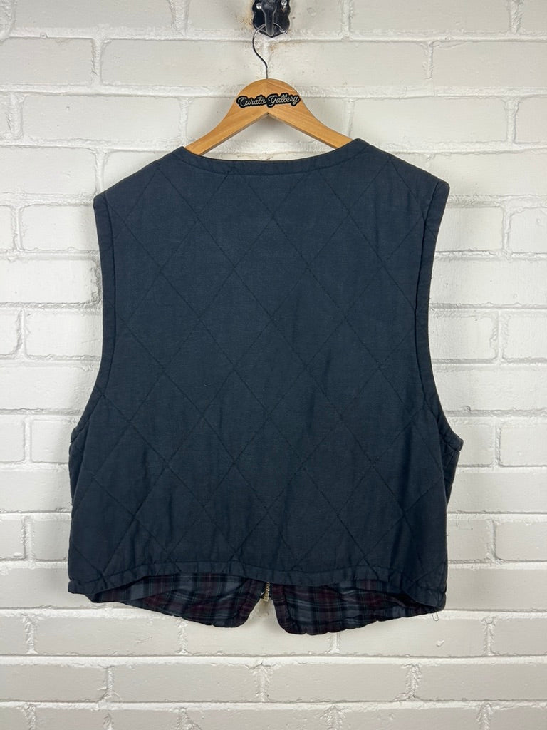 Vintage Paragraff Plaid Lined Quilted Vest Size L Navy Blue