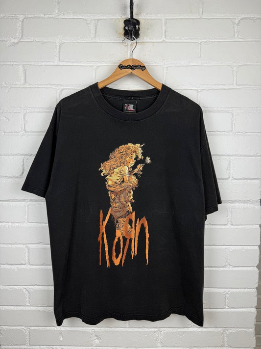 Vintage 90s Korn Follow The Leader Piggy Back Flower Metal Band Graphic T Shirt Size XL Music