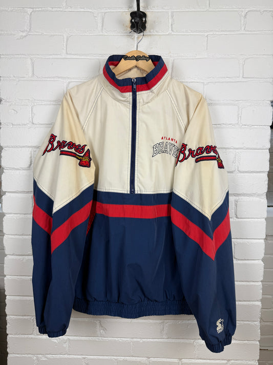 Vintage 90s Atlanta Braves MLB Starter Shoulder Patches 1/2 Zip Windbreaker Jacket Size XL