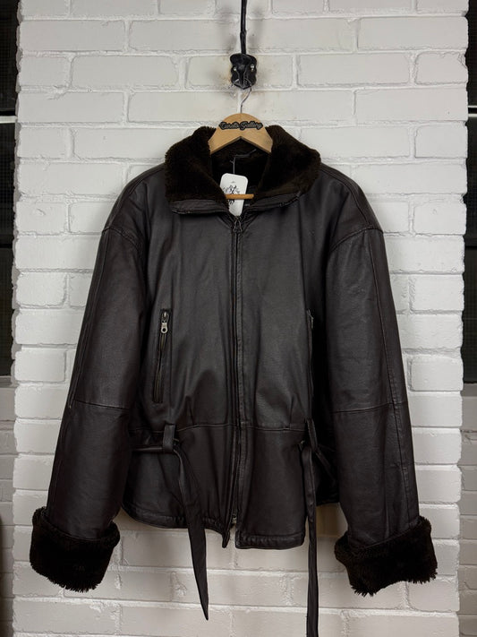 Vintage 90s Dimension Leather Faux Sherling Leather Bomber Jacket Size XL