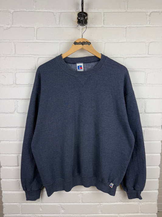 Vintage  Russell Athletic Cropped Boxy Fit Blank Crewneck Sweatshirt Size L Charcoal Blue