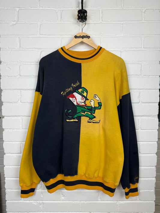 Vintage 90s Notre Dame Fighting Irish Embroidered Logo Split Two Tone Sweatshirt Size XL