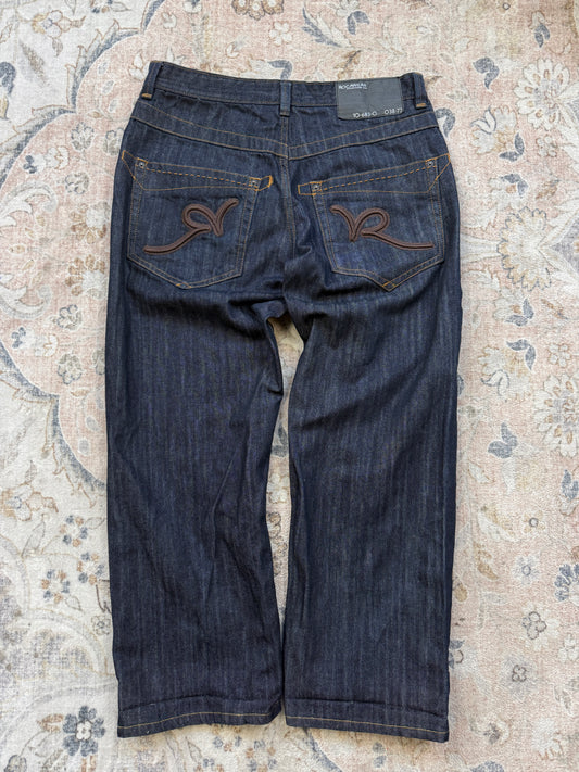 Vintage Y2K Rocawear Embroidered Back Pockets Original Fit Dark Navy Blue Denim Pants Size 36W