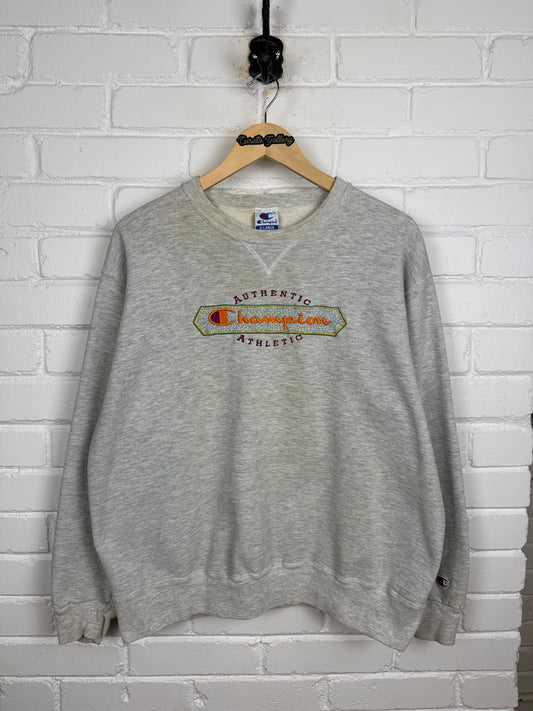 Vintage 90s Champion Embroidered Spell Out Crewneck Sweatshirt Size XL Heather Gray