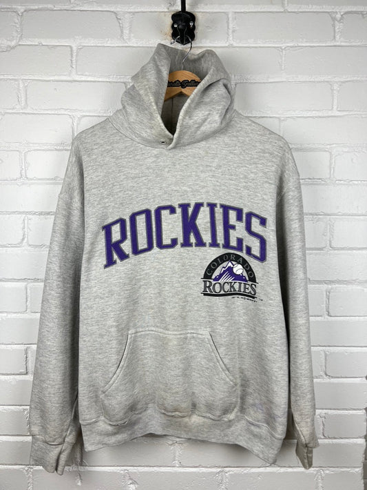 Vintage 1992 Colorado Rockies MLB Baseball Arc Spell Out Logo 7 Hooded Sweatshirt Size L 90s