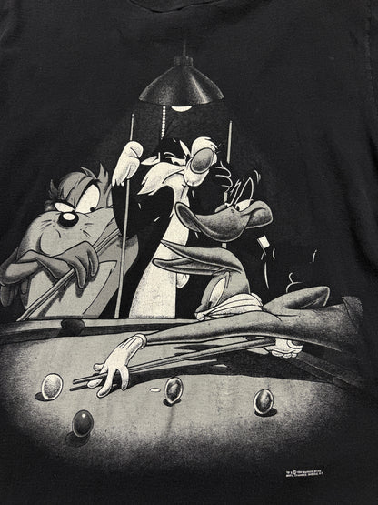 Vintage 1994 Looney Tunes Black Out Taz Bugs Daffy Sylvester Pool Table T Shirt  Size L 90s