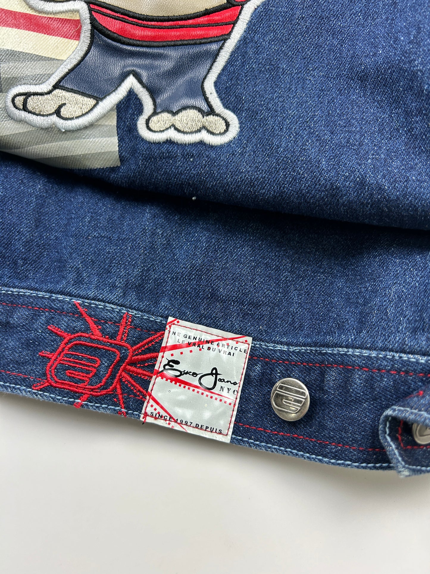Vintage Y2K Exco Jeans Bulldog American Flag Trucker Denim Jacket Size L
