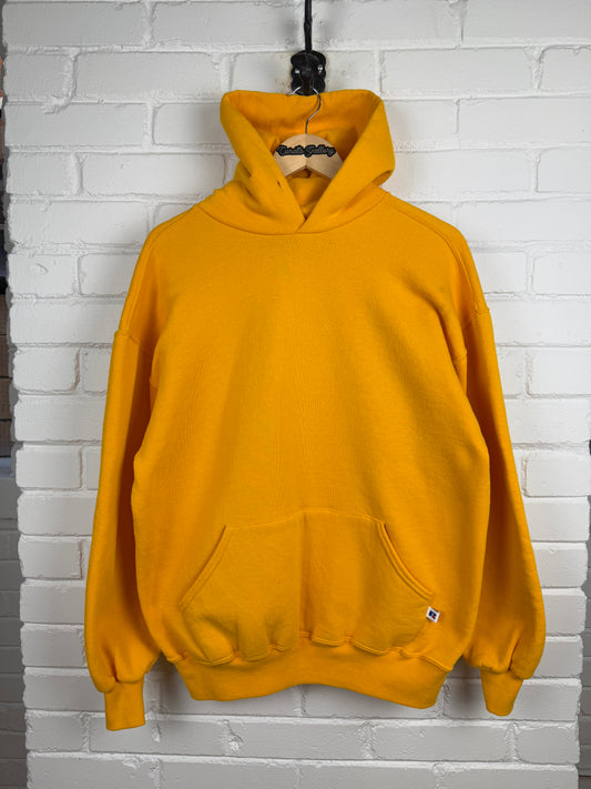 Vintage 90s Russell Athletic Cropped Boxy Fit Blank Hooded Sweatshirt Size XL Yellow