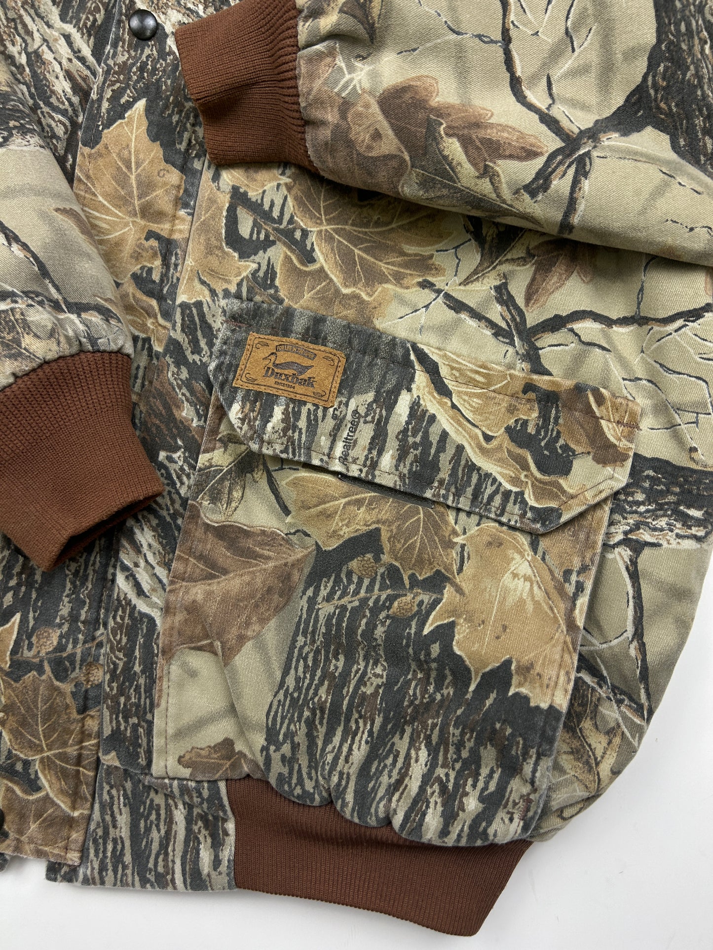 Vintage 90s Duxbak Real Tree Camo Quilted Lined Insulated Hooded Bomber Jacket Size XL