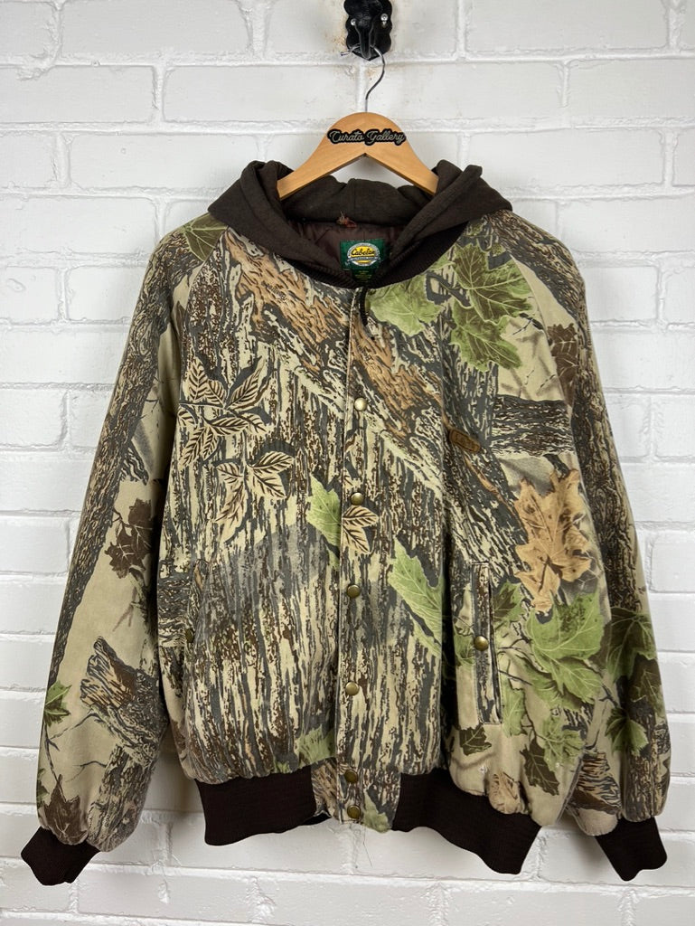 Cabelas Real Tree Camo Quilted Lined Insulated Hooded Bomber Jacket Size L