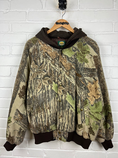 Cabelas Real Tree Camo Quilted Lined Insulated Hooded Bomber Jacket Size L