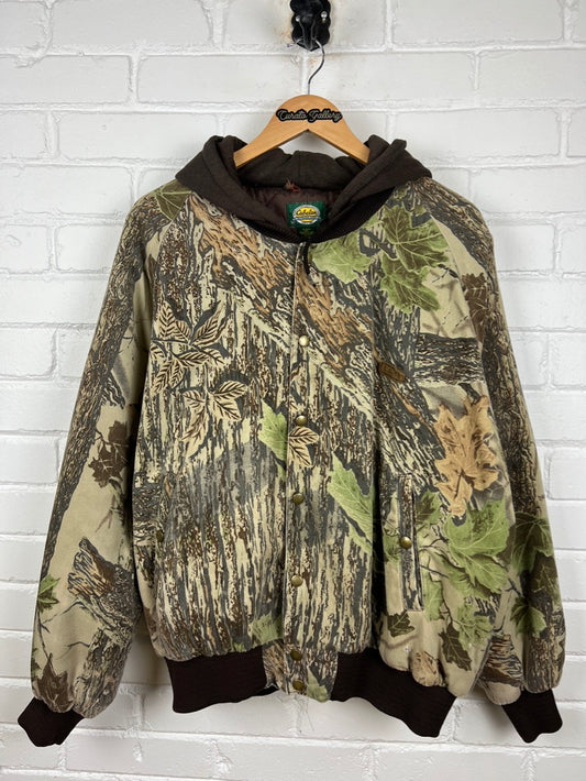 Cabelas Real Tree Camo Quilted Lined Insulated Hooded Bomber Jacket Size L
