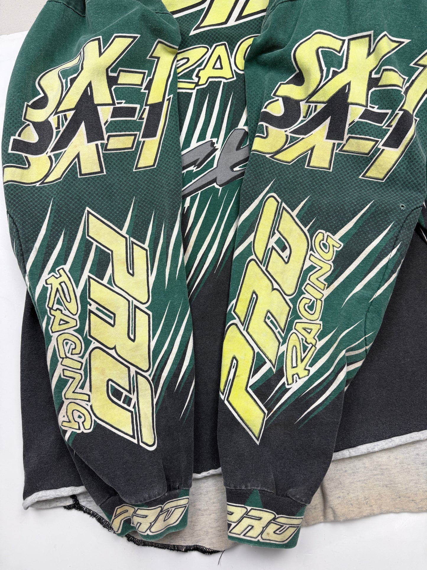 Vintage 90s Pro Racing SX1 All Over Print Motocross Green Long Sleeve T Shirt Jersey Size XL