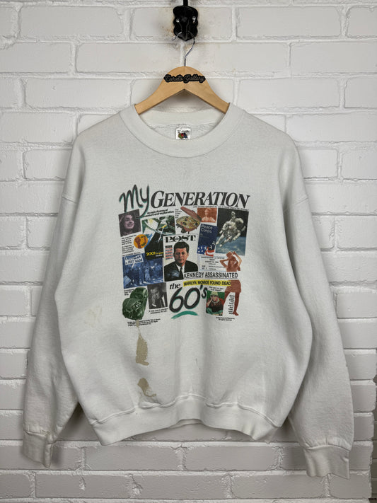 Vintage 1994 My Generation The 60's Top Stories Newspaper Graphic Crewneck Sweatshirt Size XL