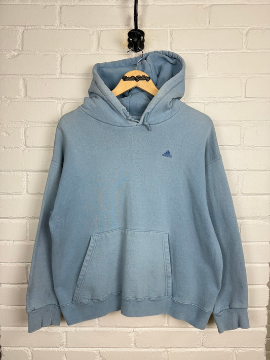 Vintage 90s Adidas Embroidered Logo Cropped Boxy Fit Hooded Sweatshirt Size L Baby Blue