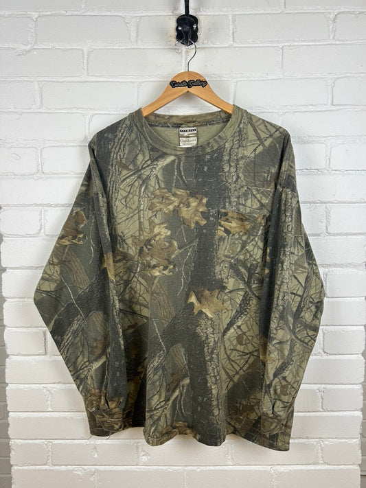 Vintage Jerzees Outdoors Real Tree Hardwoods Camo All Over Print Long Sleeve T Shirt Size XL