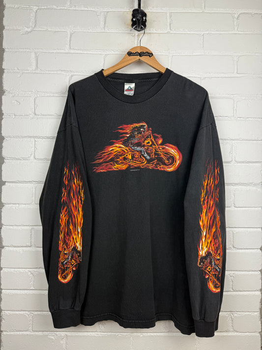Vintage 2006 Grizzly Leather Motorcycle Chopper Skull Flames Long Sleeve T Shirt Size XXL