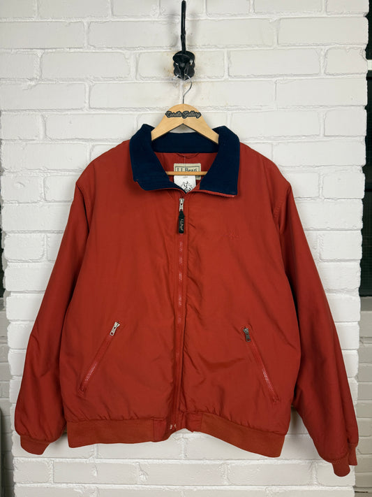 Vintage LL Bean Fleece Lined Embroidered Spell Out Nylon Bomber Jacket Size L Burn Orange