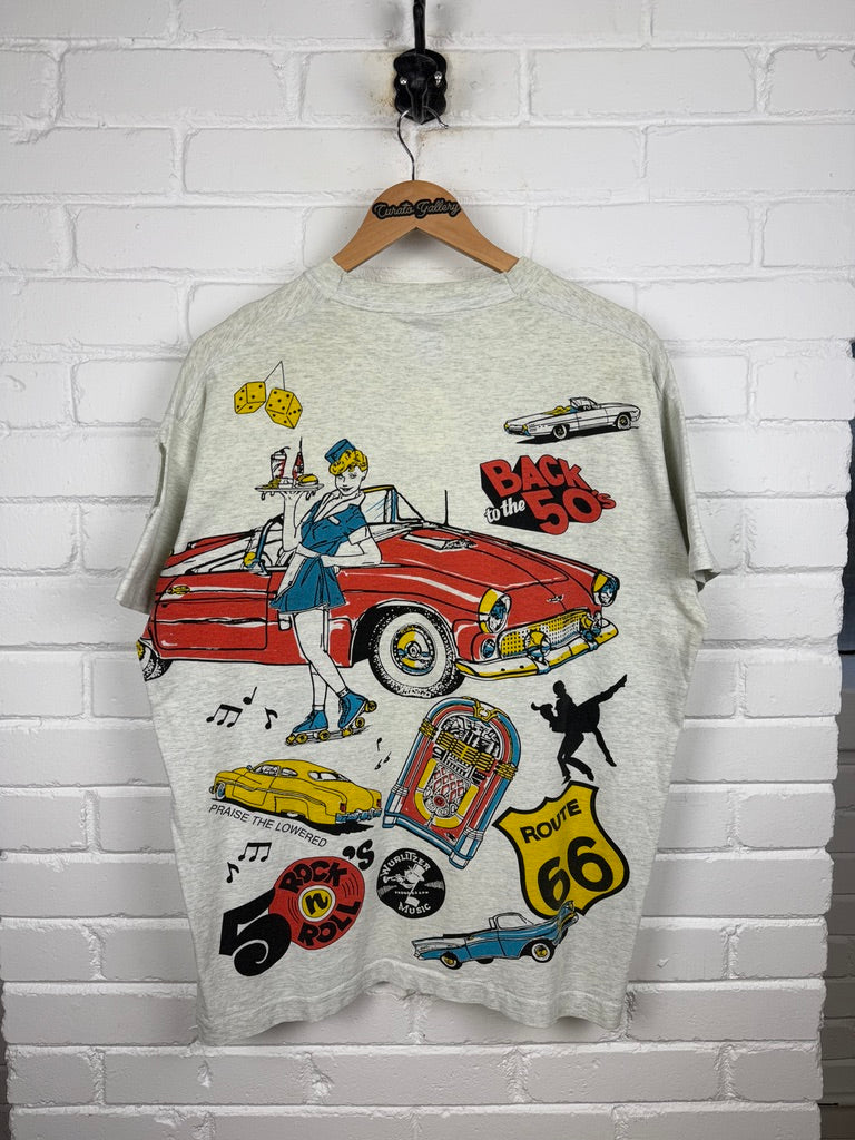 Vintage 1996 Cruisin Back To The 50s All Over Print Classic Cars Diner T Shirt Size XL