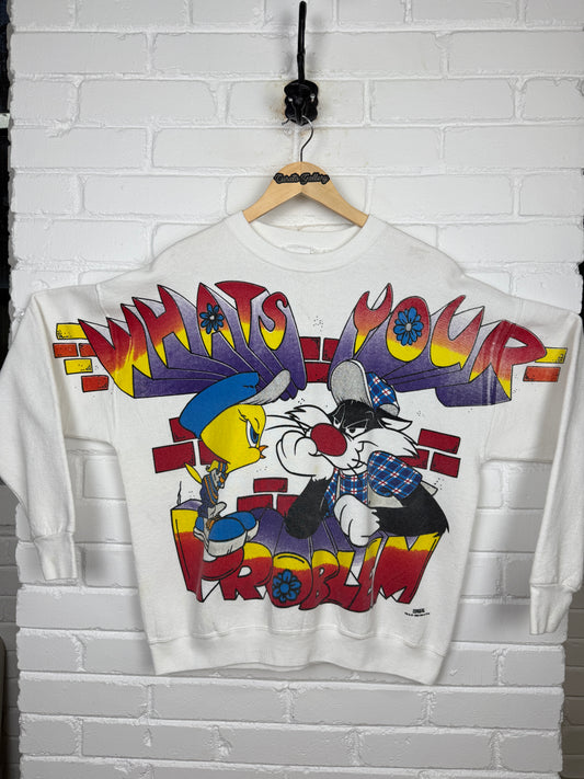 Vintage 1996 looney Tunes Tweety Bird Sylvestre Whats Your Problem? Sweatshirt Size L 90s