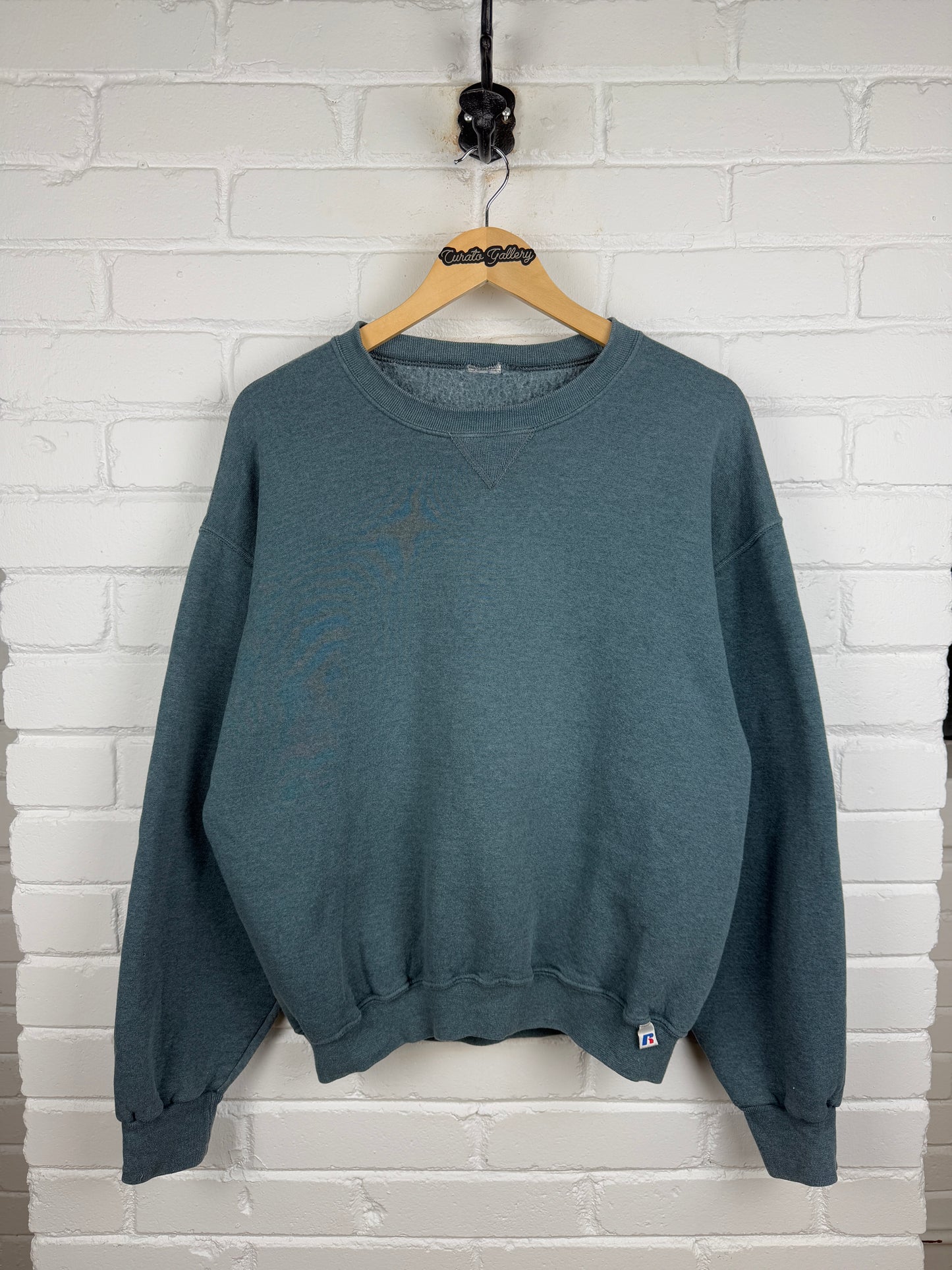 Vintage Russell Athletic Cropped Boxy Fit Blank Crewneck Sweatshirt Size Large Steel Teal