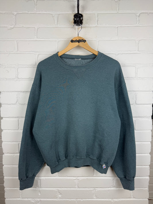 Vintage Russell Athletic Cropped Boxy Fit Blank Crewneck Sweatshirt Size Large Steel Teal