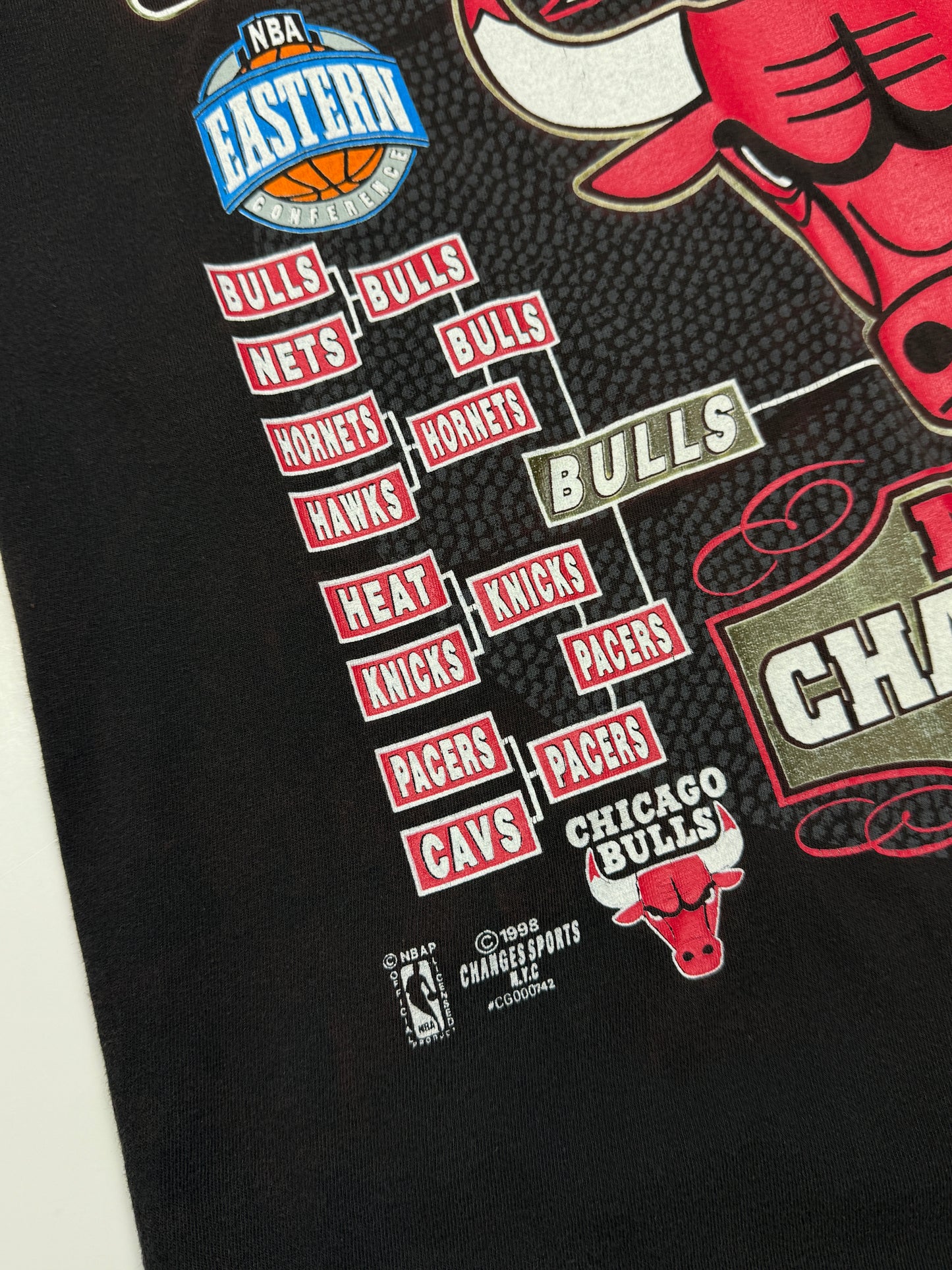 vintage 1998 Chicago Bulls NBA Champs Road To The Finals Stats Front & Back Graphic T Shirt Size L 90s