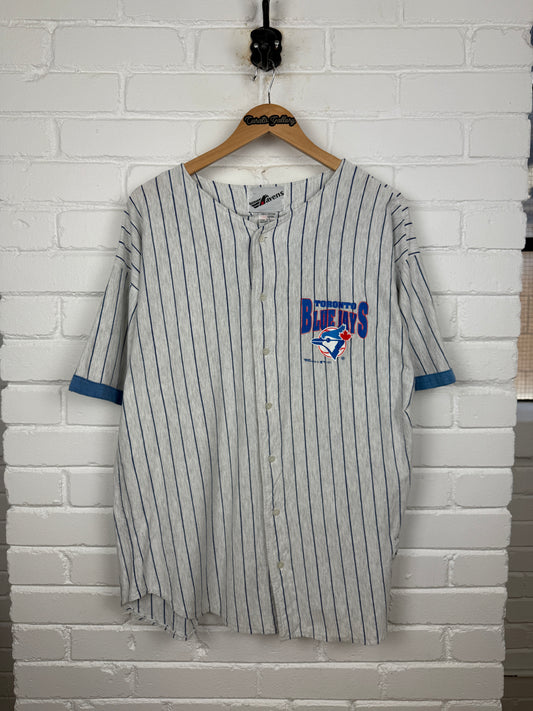 Vintage 1993 Toronto Blue Jays Pinstripe Arc Spell Out MLB Ravens Baseball Jersey Size L