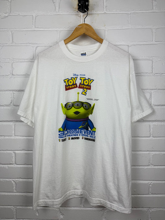 Vintage Toy Story 1 And 2 Double Feature 3D Aliens Disney Pixar Graphic T Shirt Size XL