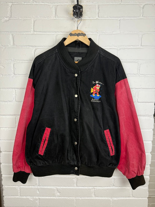 Vintage 90s Duracell Im Walkin Fish Embroidered Two Tone Bomber Varsity Jacket Size XL