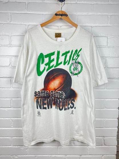 Vintage 90s Boston Celctics NBA Same Game New Rules Nutmeg T Shirt Size XL
