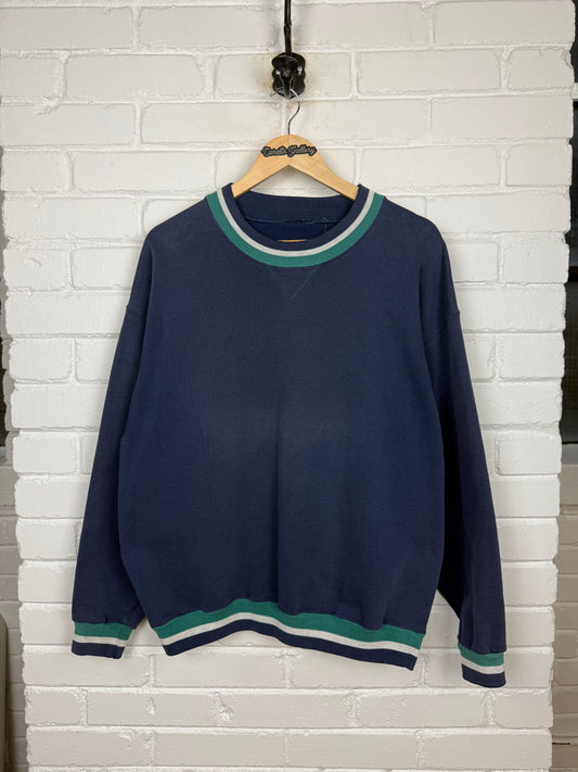 Vintage 90s Blank Striped Cuffs Navy Blue Crewneck Sweatshirt Size XL