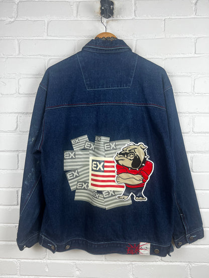 Vintage Y2K Exco Jeans Bulldog American Flag Trucker Denim Jacket Size L