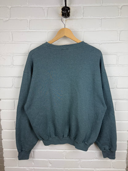 Vintage Russell Athletic Cropped Boxy Fit Blank Crewneck Sweatshirt Size Large Steel Teal