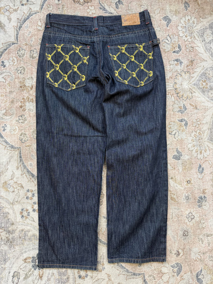 Vintage Y2K Risk Jeans Embroidered Back Pockets Regular Fit Dark Blue Denim Size 37W