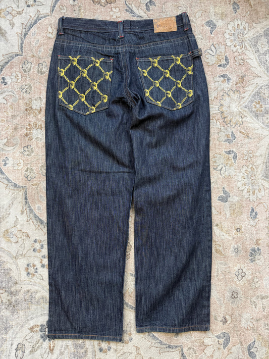 Vintage Y2K Risk Jeans Embroidered Back Pockets Regular Fit Dark Blue Denim Size 37W