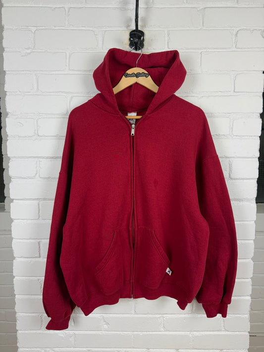 Vintage Russell Athletic Cropped Boxy Fit Blank Hooded Sweatshirt Size XL Burgundy