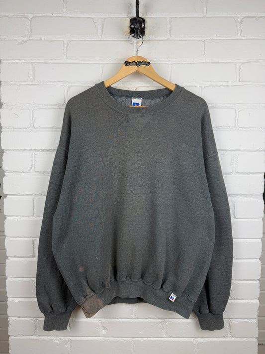 Vintage Russell Athletic Cropped Boxy Fit Blank Crewneck Sweatshirt Size XL Charcoal Gray
