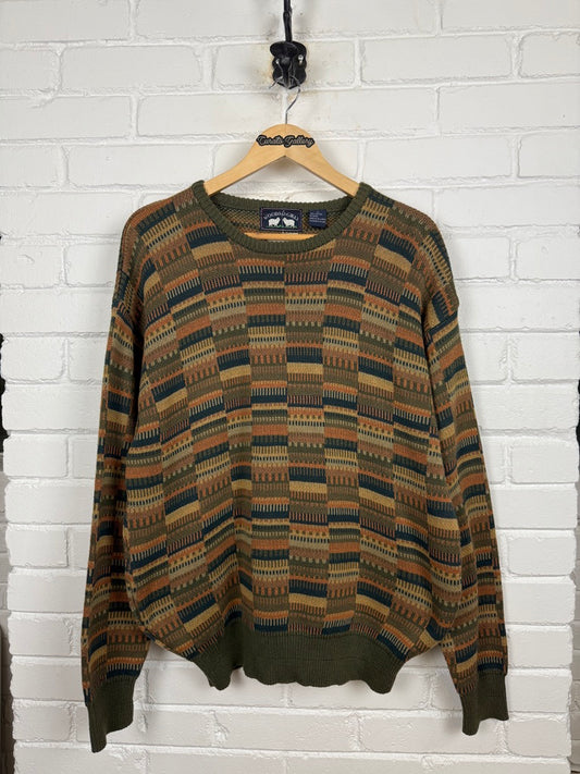 Vintage 90s Woods & Gray Russet Block Knit Sweatshirt Size L Autumn Colors
